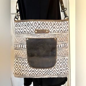 Myra Bag Crossbody Hand Weaver Upcycled Rug Tribal Print Beige Tan Leather NWOT